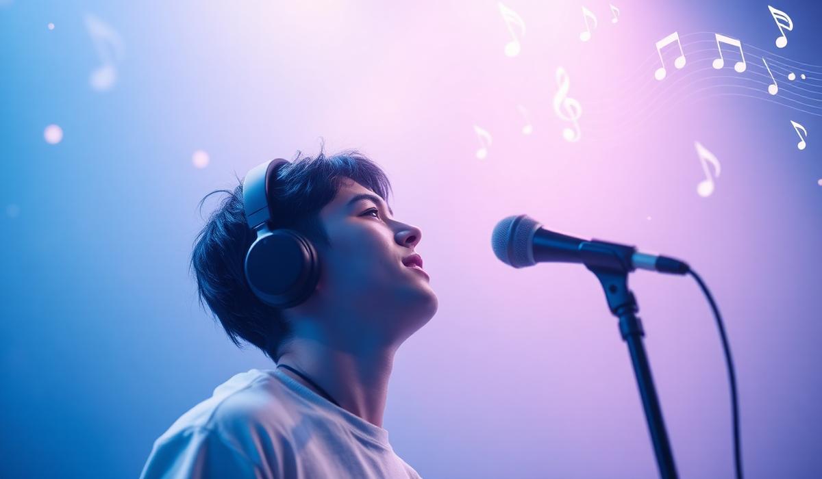 Artist singing into a microphone with glowing musical notes and blue-purple lighting